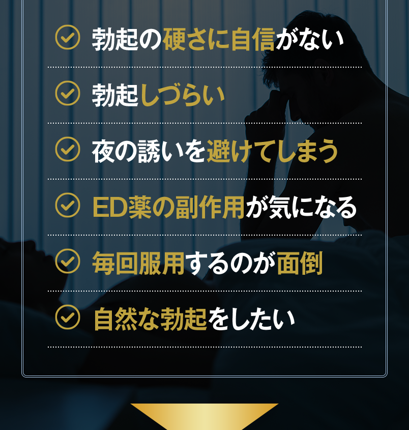 勃起の硬さに自信がない/勃起しづらい/夜の誘いを避けてしまう/ED薬の副作用が気になる/毎回服用するのが面倒/自然な勃起をしたい