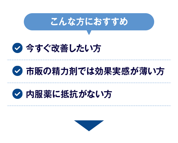 【こんな方におすすめ】今すぐ改善したい方/市販の精力剤では効果実感が薄い方/内服薬に抵抗がない方