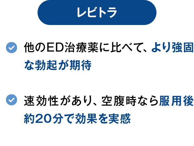 【レビトラ】他のED治療薬に比べて、より強固な勃起が期待/速効性があり、空腹時なら服用後約20分で効果を実感