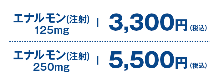 【エナルモン(注射) 125mg】3,300円（税込）｜【エナルモン(注射) 250mg】5,500円（税込）