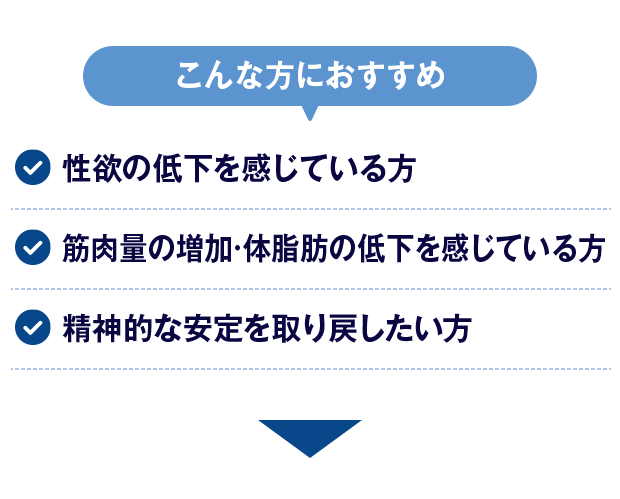 【こんな方におすすめ】性欲の低下を感じている方/筋肉量の増加·体脂肪の低下を感じている方/精神的な安定を取り戻したい方