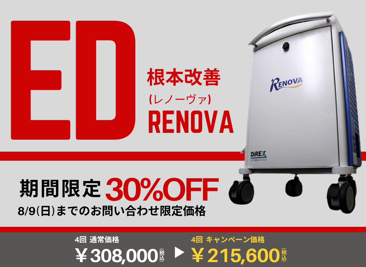 ED根本改善治療RENOVA 期間限定8/9までのお問合せで30％OFF